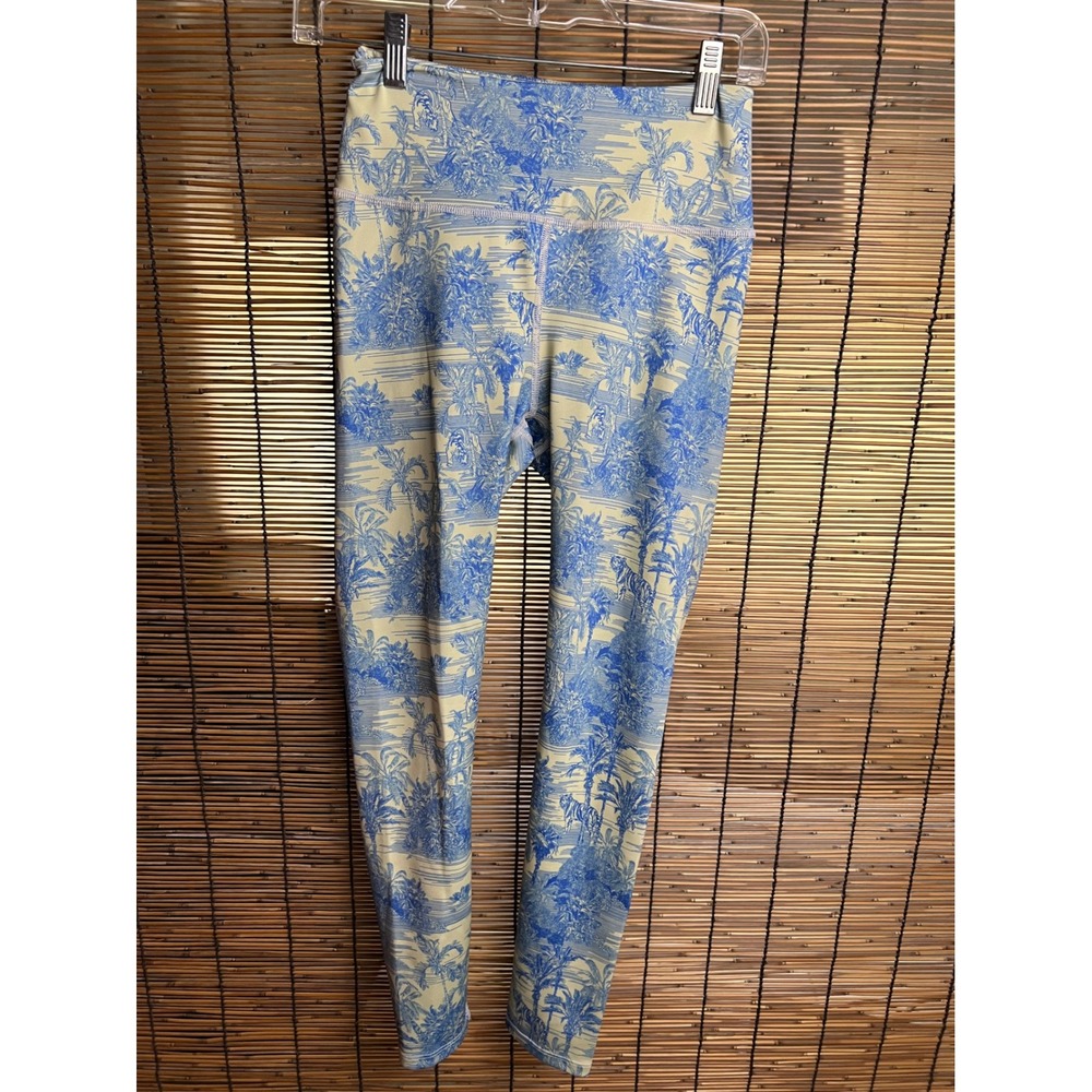 Noli Yoga Women Blue Tiger Palm Tree Toile Print Leggings Size S Made in USA